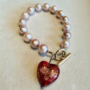 Pink Fresh Water Pearl Bracelet with Red Authentic Murano Heart Charm
